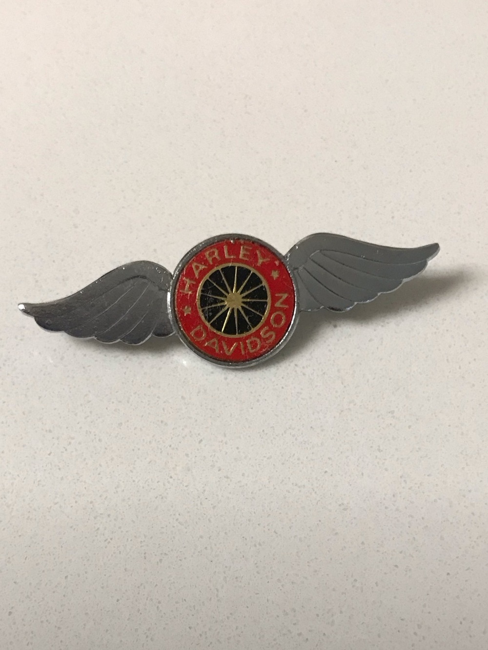 Vintage 80s Harley-Davidson Silver Wing Badge with Red and Black Emblem